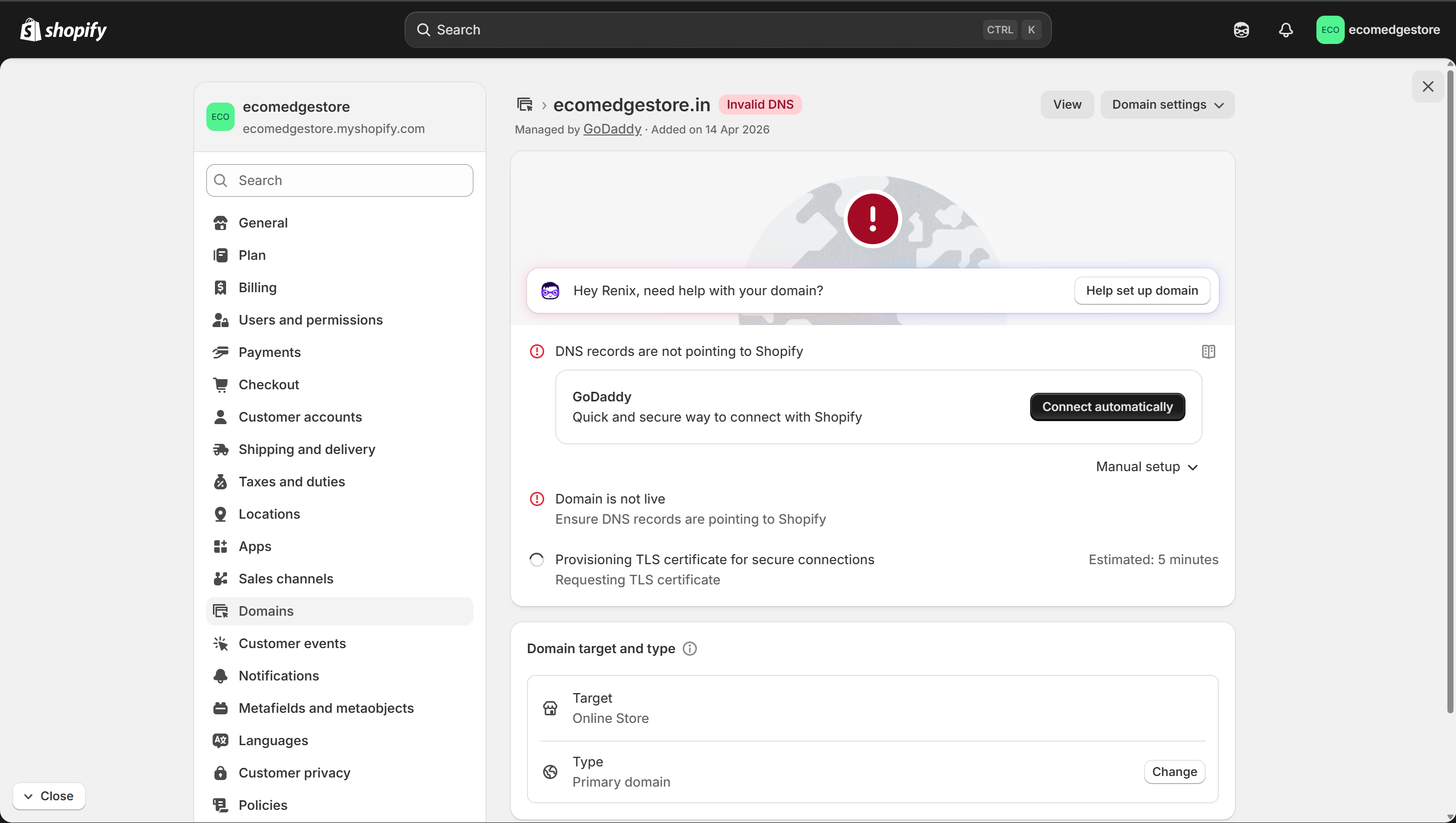 Shopify — click Connect automatically